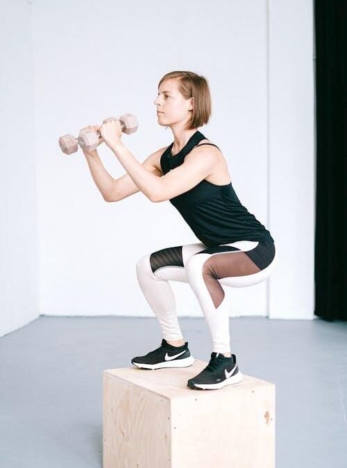 Woman performing dumbbell squats next to treadmill